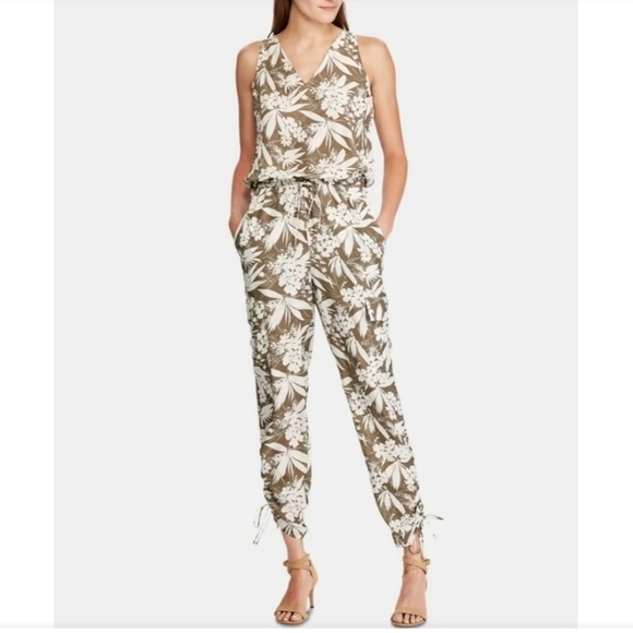 Lauren Ralph Lauren Olive Print Sleeveless Cinched Sz. 12 Jumpsuit NWT - Picture 1 of 16